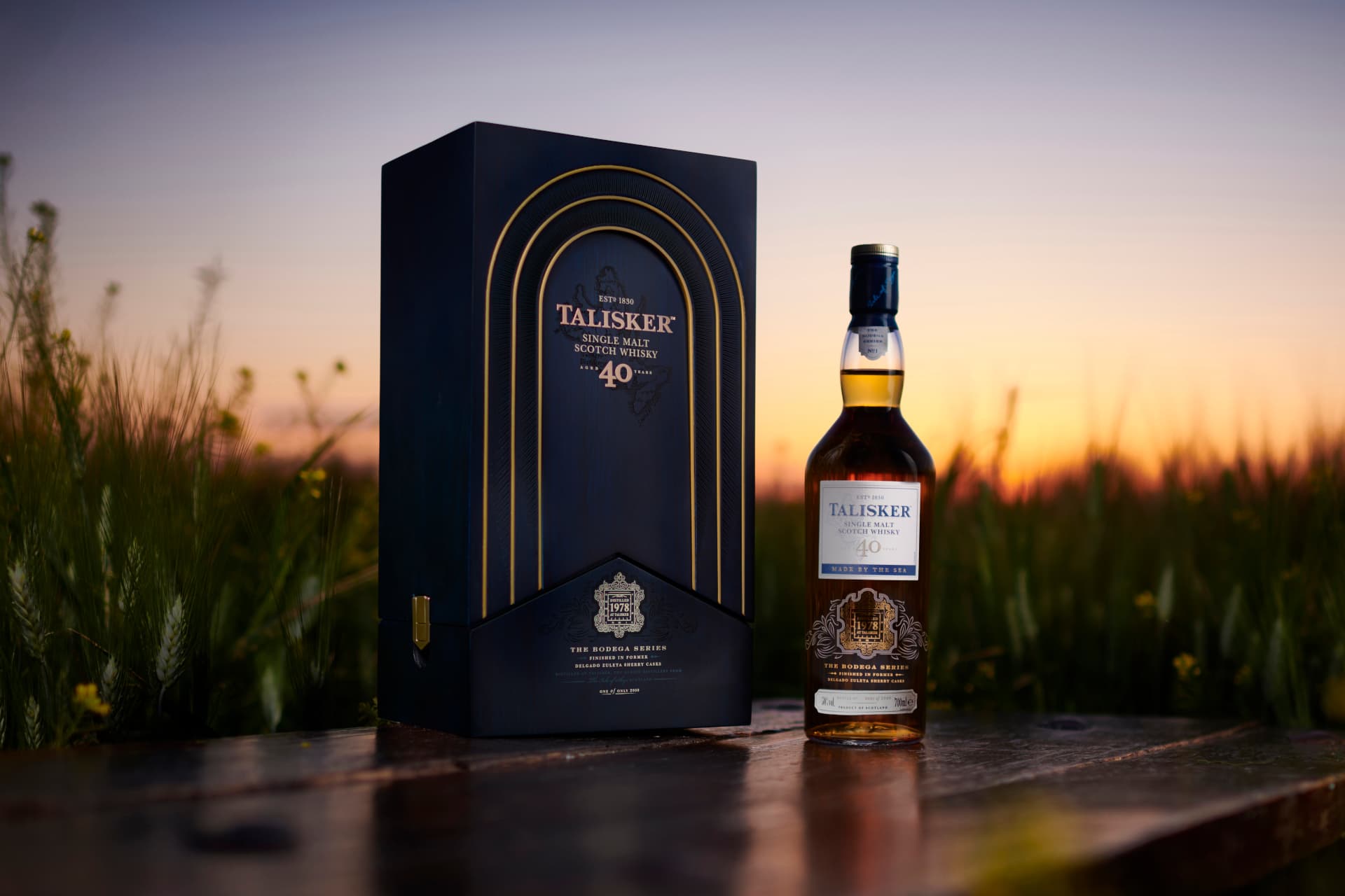 Talisker Bodega 40 Year Old, Single Malt Scotch Whisky Bottle and Box on Grass 