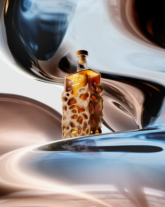 A luxurious bottle of Mortlach BECOME whisky encased in an intricate, honeycomb-inspired golden design, set against a dynamic, swirling background of metallic and fluid textures.