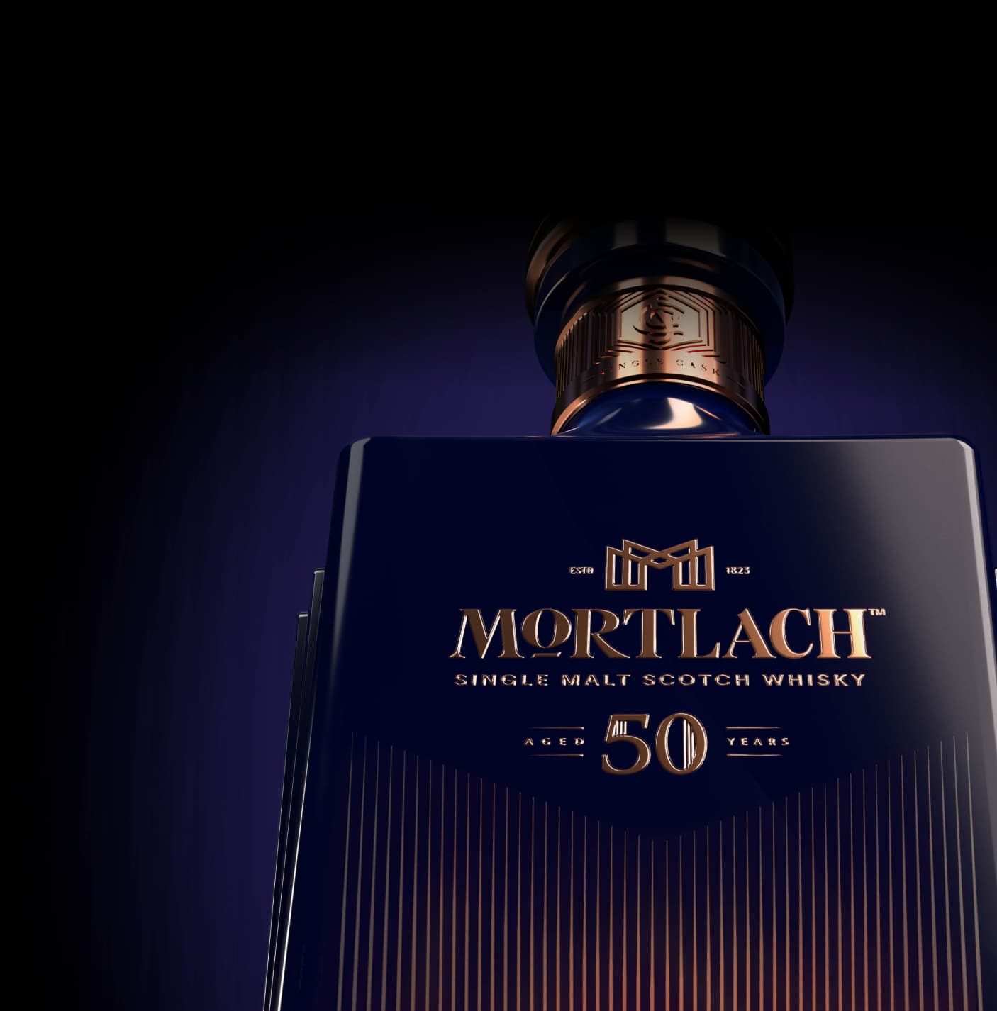 A close-up, upward angle shot of the Mortlach 50-Year-Old Single Malt Scotch Whisky bottle emphasizes its luxurious design. The elegant black bottle features intricate gold detailing, including the Mortlach logo, 'Aged 50 Years' inscription, and textured accents on the neck. The rich gradient lighting highlights the bottle's sophistication against a deep, moody backdrop.
