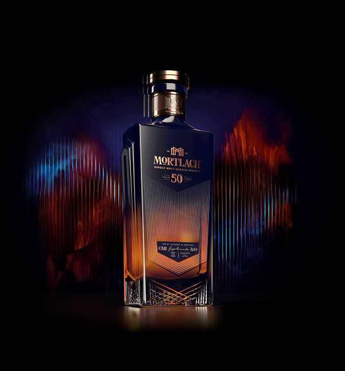 A bottle of Mortlach 50 Year old with displaced colours in the background