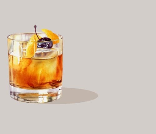 An illustration of a decadent whisky old fashioned cocktail