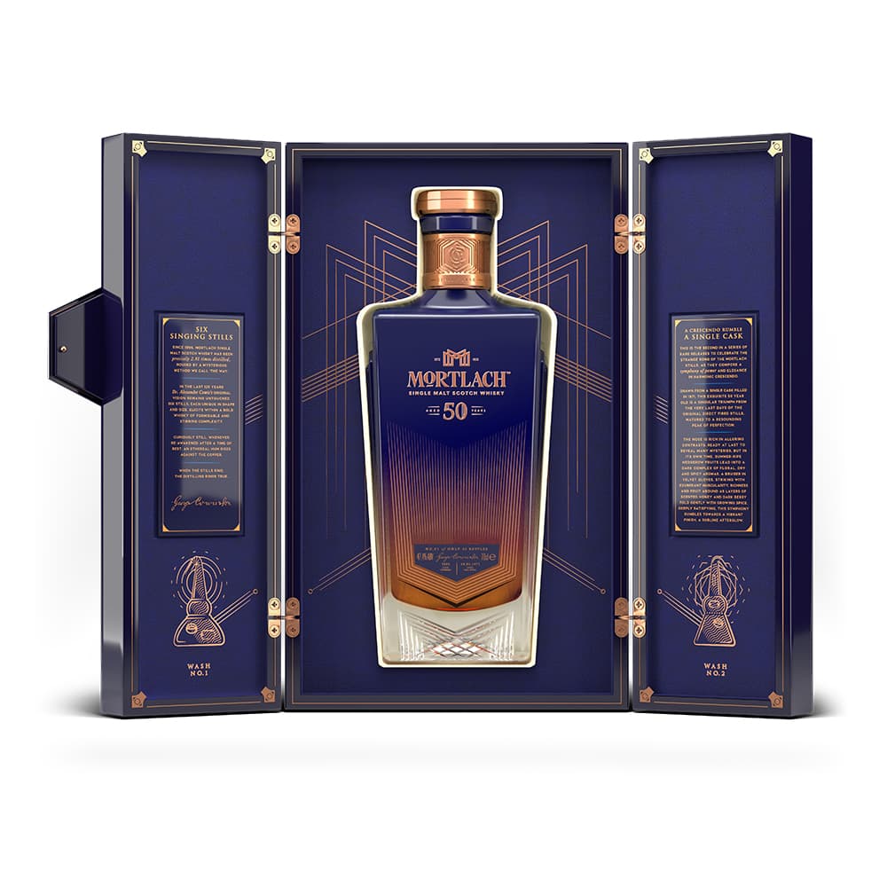 Mortlach 50 Year Old bottle shot with an open packaging