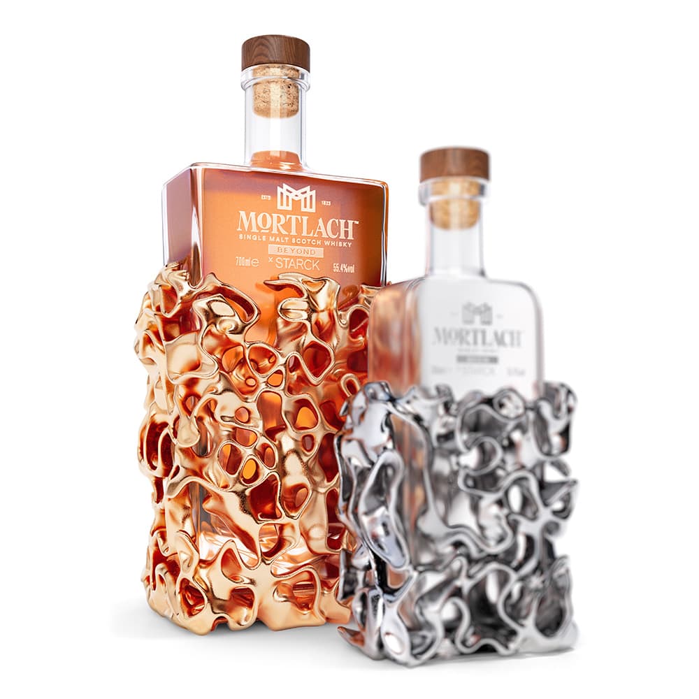 Mortlach x Starck L’Evolution Collection Begin & Beyond two bottles