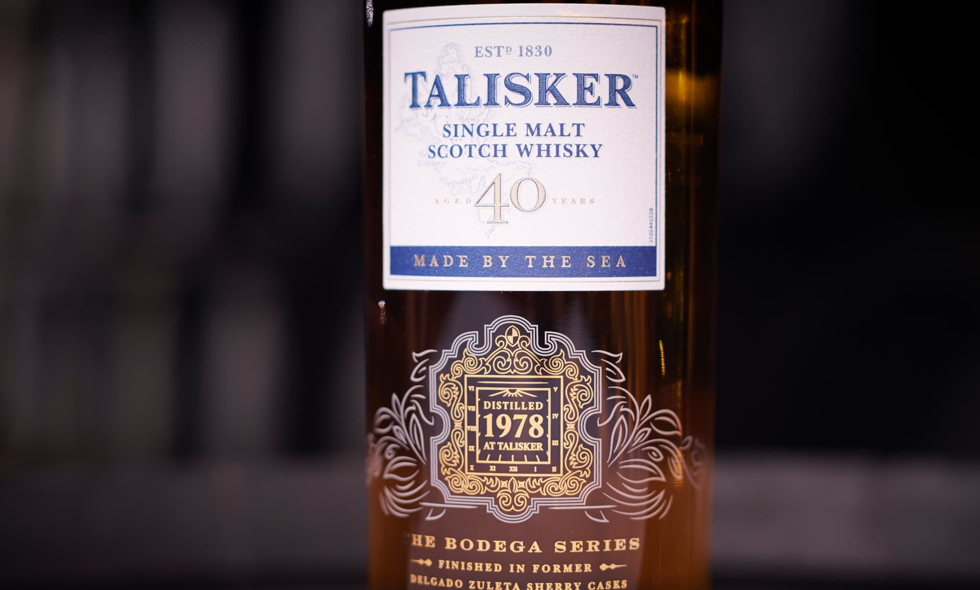 Talisker Bodega 40 Year Old, Single Malt Scotch Whisky Bottle Close up