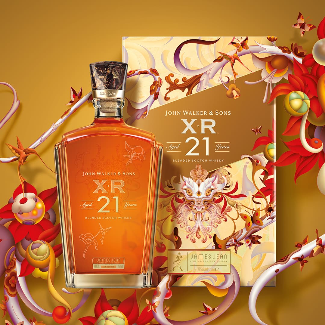 A Johnnie Walker & Sons XR21 Lunar New Year Limited Edition Design with the box to the side and James Jean's design