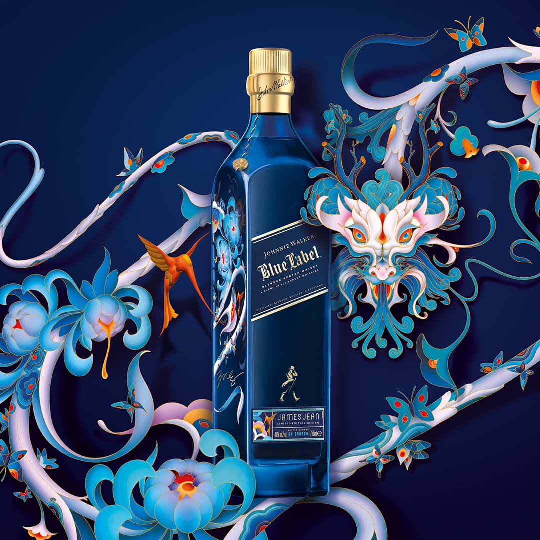 A bottle of Johnnie Walker Lunar New Year 2024 with James Jean's artwork in the background