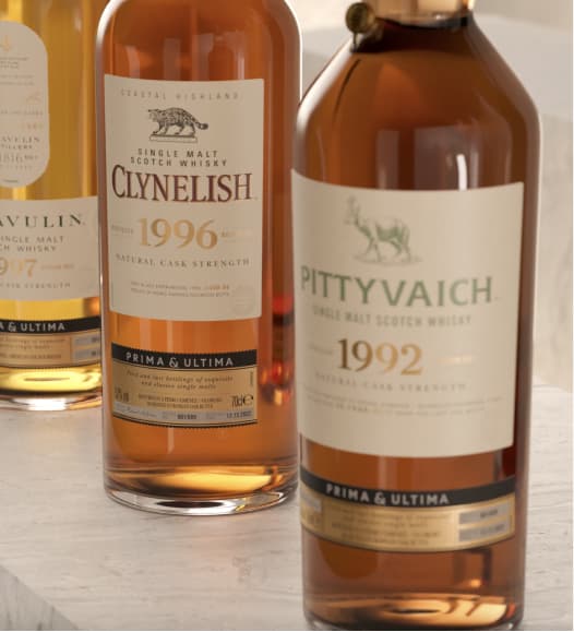 Close up of Clynelish 1996 and Pittyvaich 1992 whiksy bottles, taken from the Prima & Ultima Fourth Release